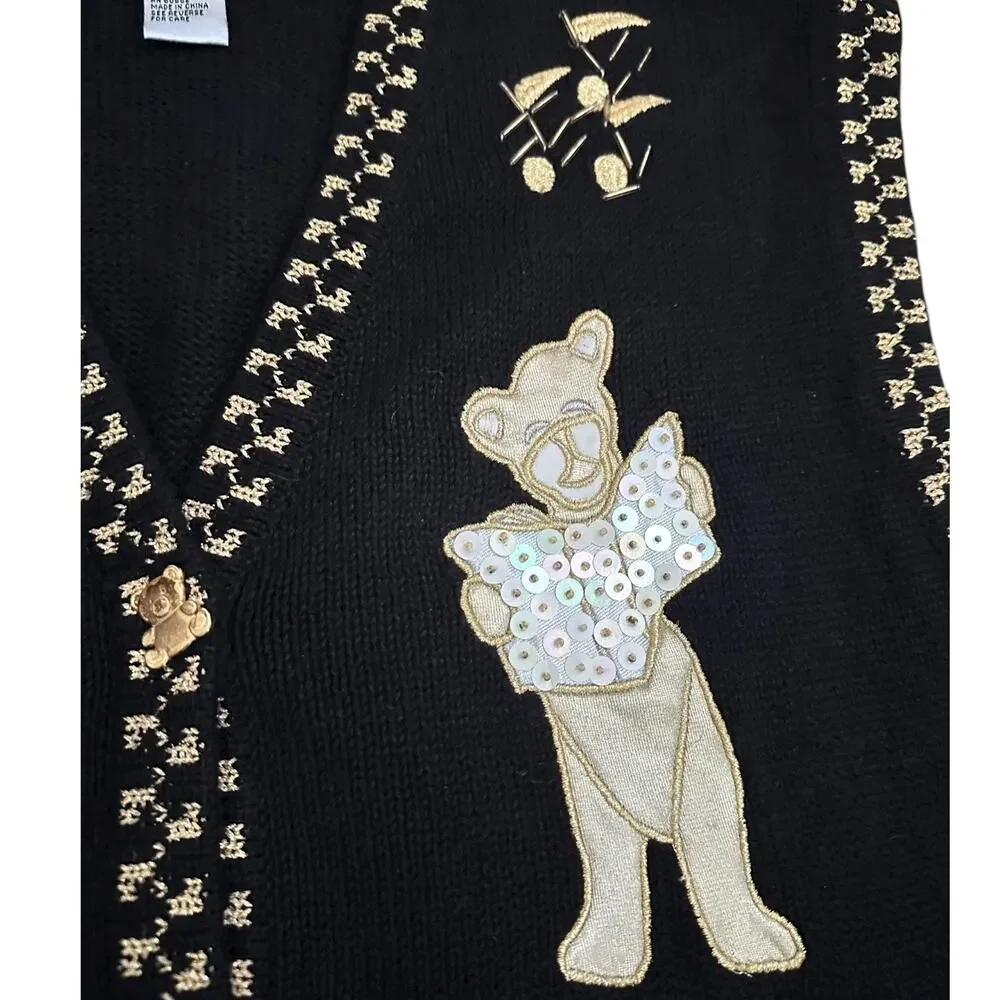 Vintage P’Galli Sequin Teddy Bear Christmas Vest XL Black Gold Holiday Sweater